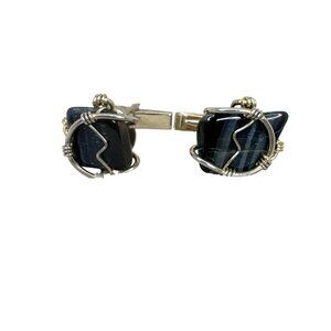 Handmade Wire-Wrapped Black Stone Cufflinks W/Gold-Plated Hardware